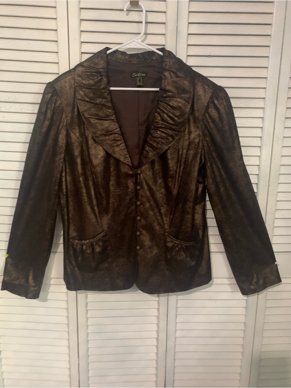 Cartise Metallic Bronze/Brown  Ruffle-Collar Blazer Shiny Button Up